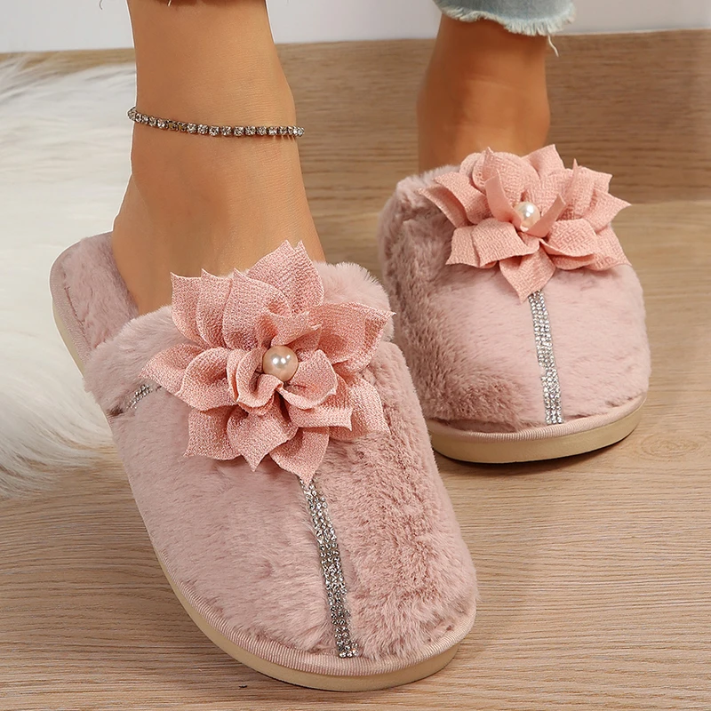 Fashion Flower Decor Furry Slippers Women Crystal Warm Fur Home Cotton Shoes Woman 2023 Winter Comfort Soft Sole Plush Slides