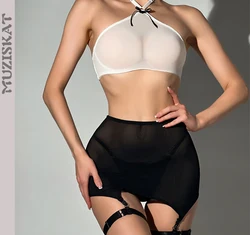 Hanging Neck Steel Ring Gathered Erotic Lingerie Passion See-through Mesh Skirt Erotic Four-piece Set