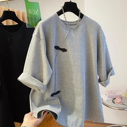 Spring Summer New Chinese Style Short Sleeves T-Shirt Women 2026 New Fashion Loose Tops Leisure Pure Colour Round Collar Female