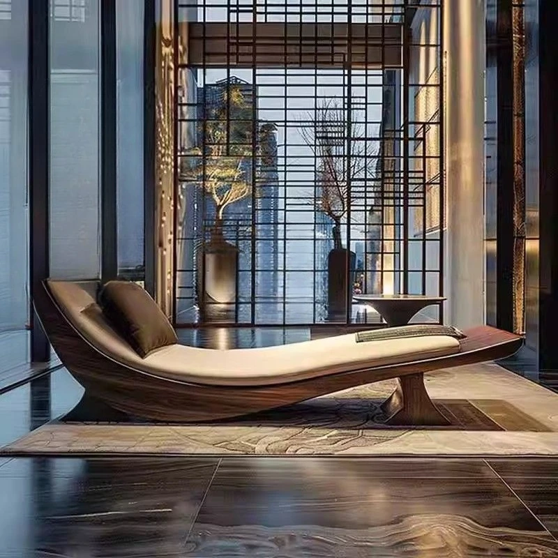 

Solid wood chaise longue black walnut recliner office hotel homestay sofa