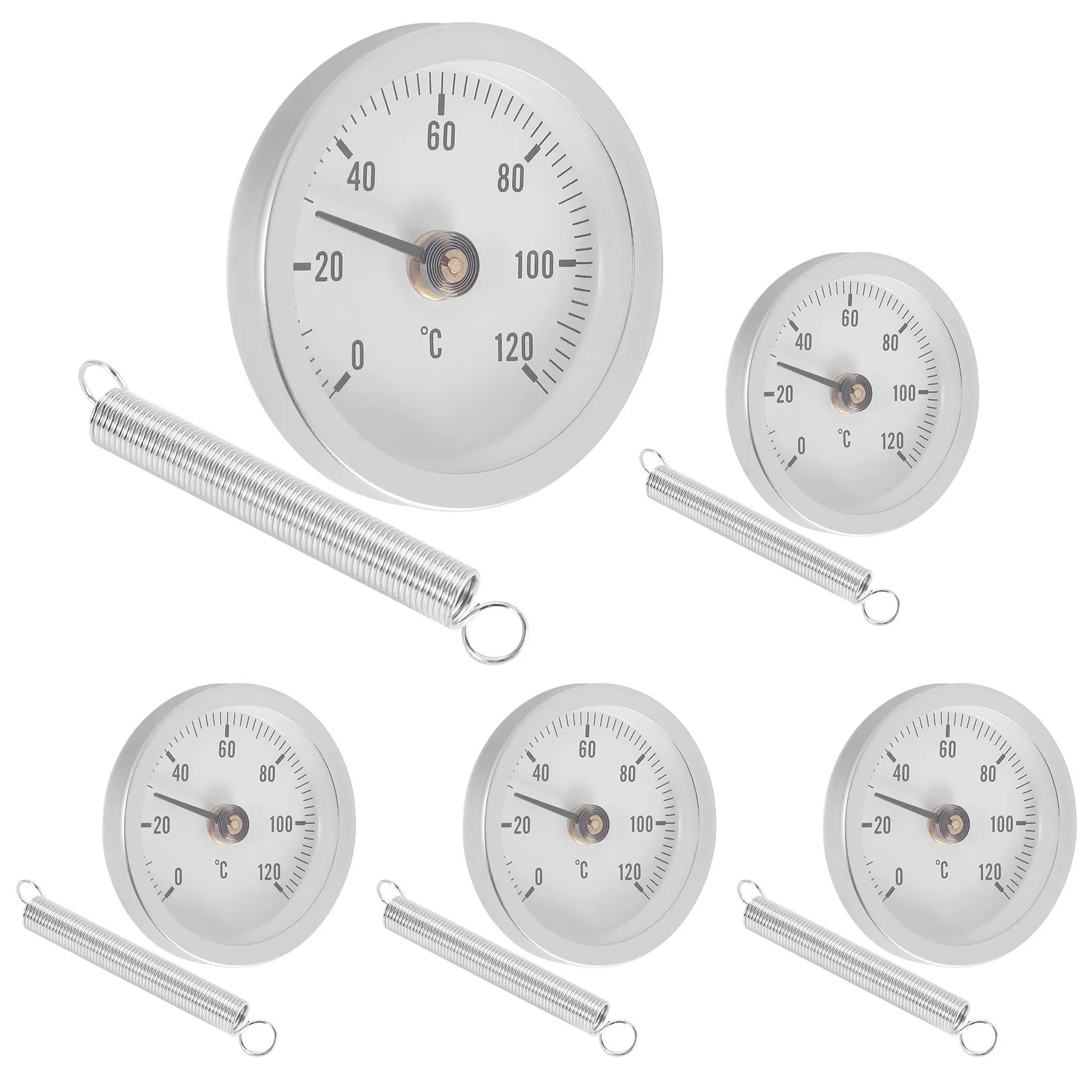 63mm Pipe Clip-on Dial Thermometer Temperature Round Plate Gauge with Spring,Range 0-120℃, Aluminum Case, 5Pcs Set