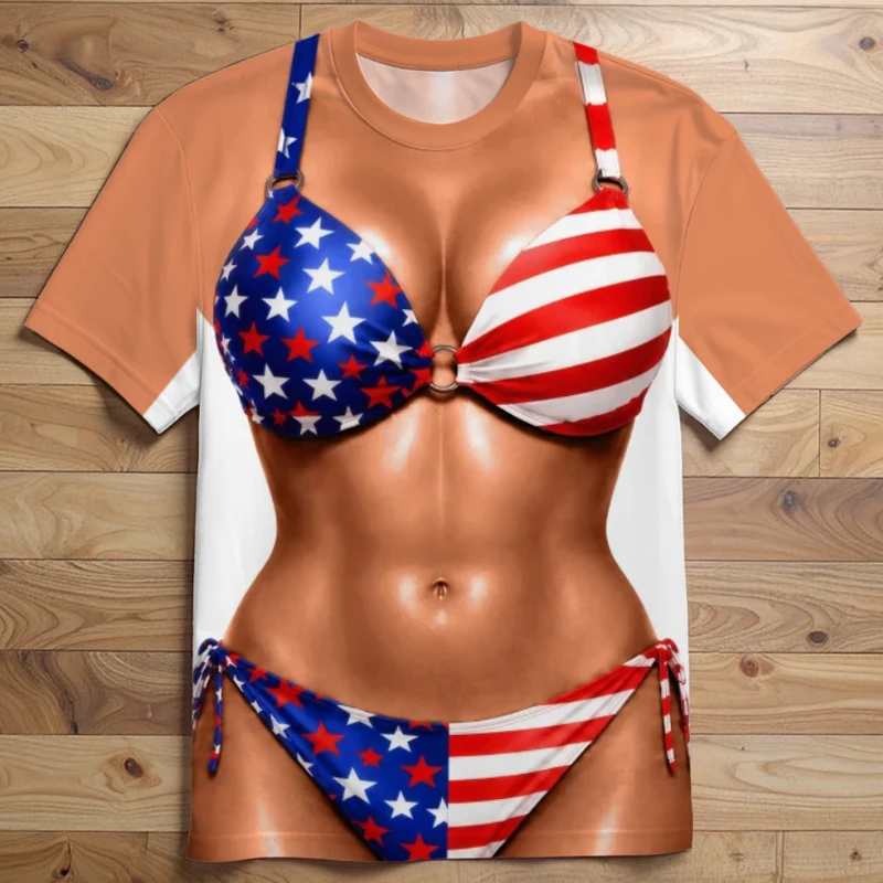 Men Women Couple Patriotic USA Flag 3D Print TShirt Fake Pack Abs Bikini Graphic Tees Streetwear Casual Funny TOP Women Clothing