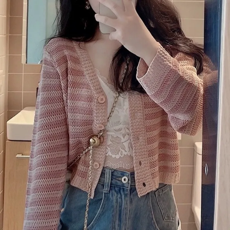 

Шикарный вязаный кардиган V-Ne, полосатый женский топ Ele ort Svel, осенне-зимний модный повседневный свитер