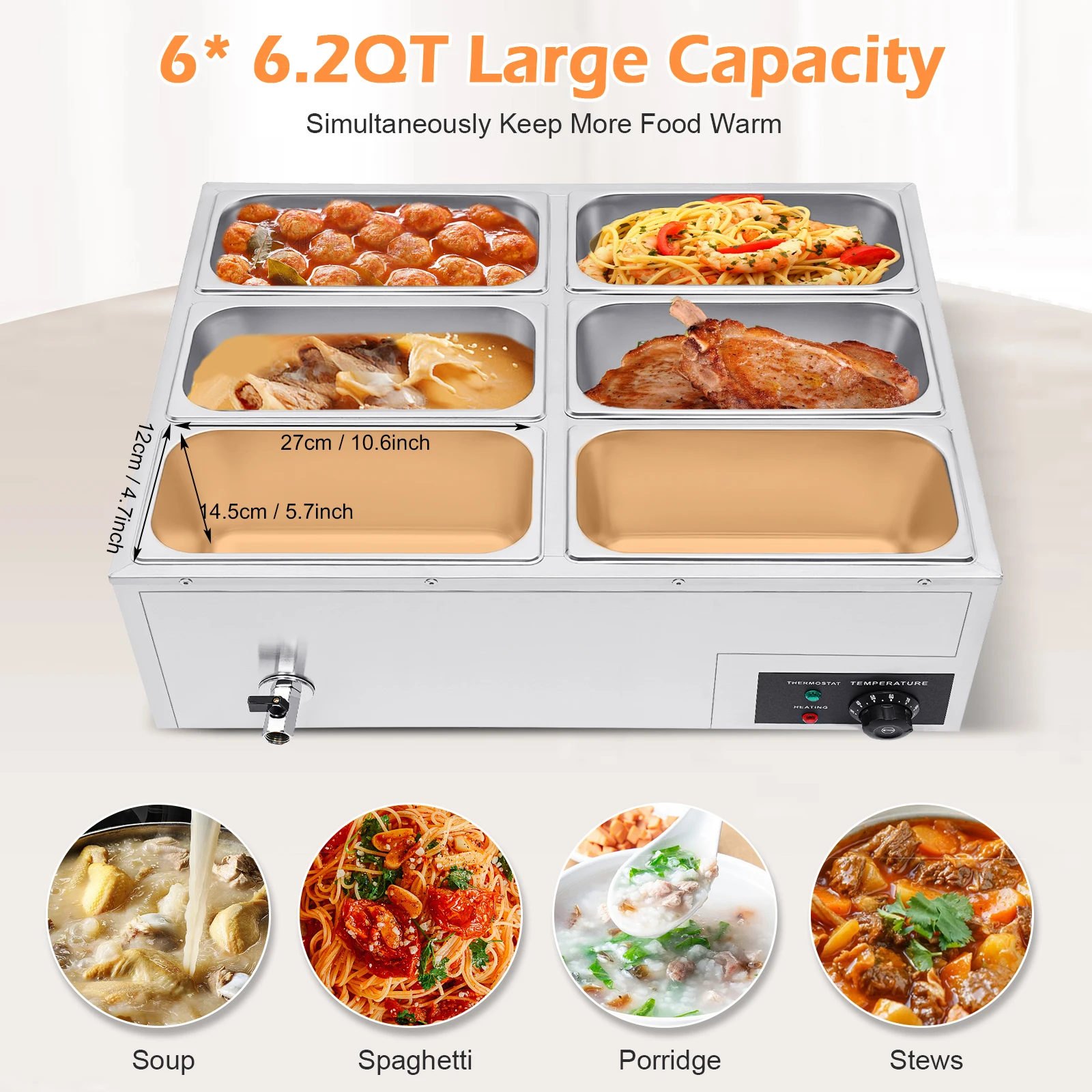 

6-Pan Commercial Electric Food Warmer Stainless Steel 850W Thermostat Control Insulation Lid Buffet Steam Table