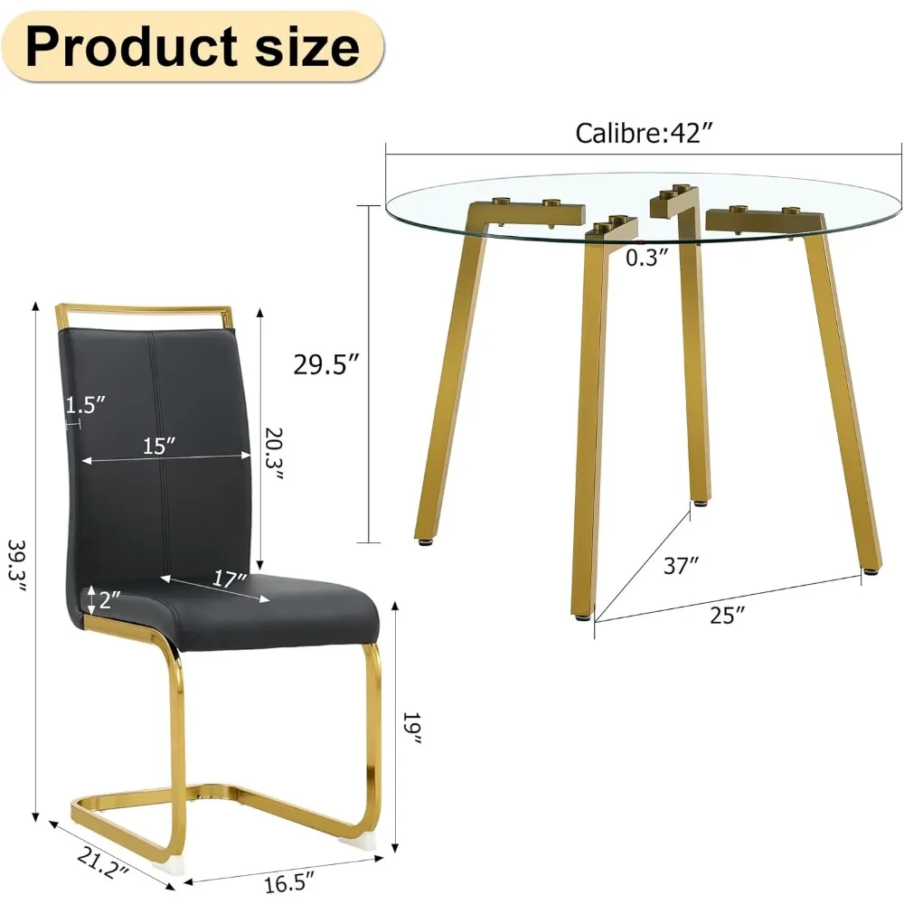 42”Round Dining Table Set for 4,Tempered Glass Table Top, Kitchen Room Table with 4 Black Armless Chairs,Space-Saving Breakfast