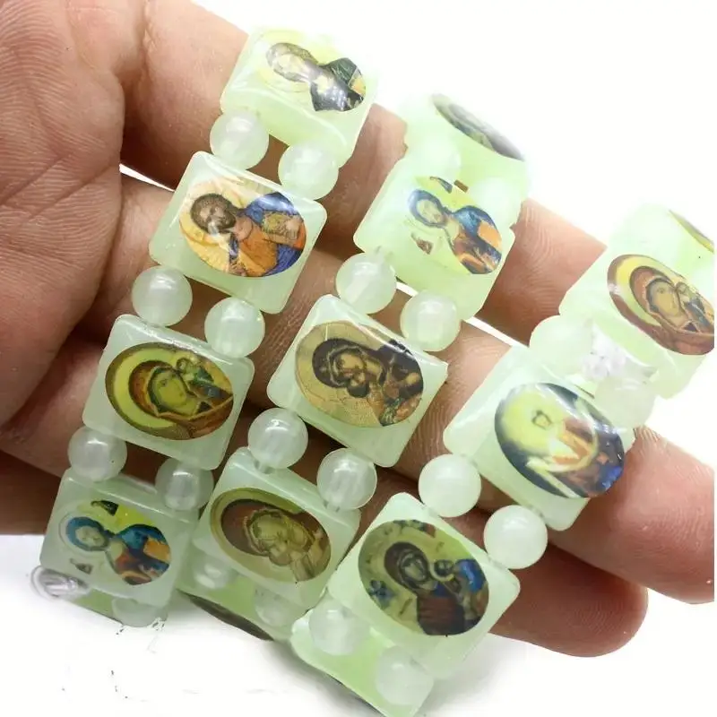 مع ملصقات صور دينية بشريط مطاطي لحفلات الارتداء اليومي، سوار خرز مسبحة عتيق من يسوع ومريم العذراء PVC #4