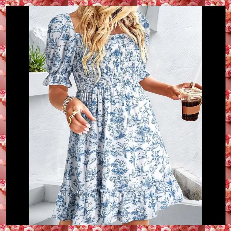 Vestidos casuales de verano para mujer, manga corta, cuello cuadrado, ahumado, vestido veraniego floral bohemio, mini vestido fluido de una línea