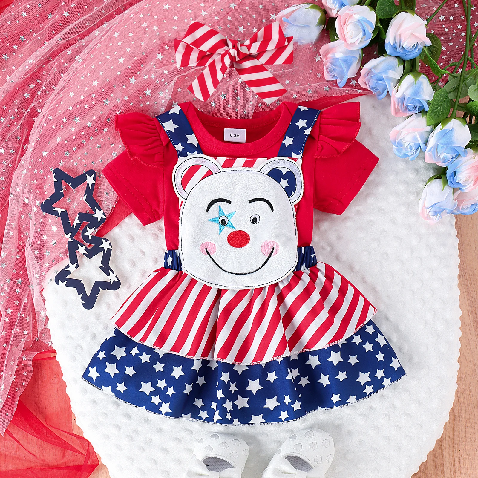 3 قطعة صيف جديد نمط فتاة طفل 0-1 سنة لطيف ومرح الدب رئيس و النسر دمية ختم + حزام تنورة #2