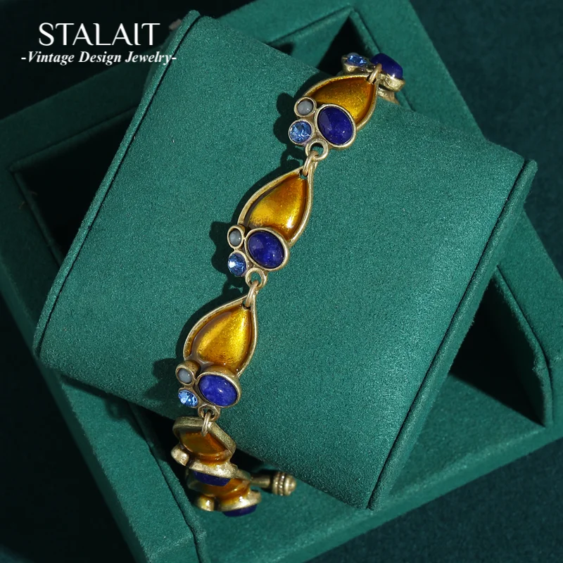 

Vintage Blue Stone Lapis Lazuli Bracelets Gold Color Natural Rhinestone Antique Jewelry Girls For Women Christmas Gift 2025