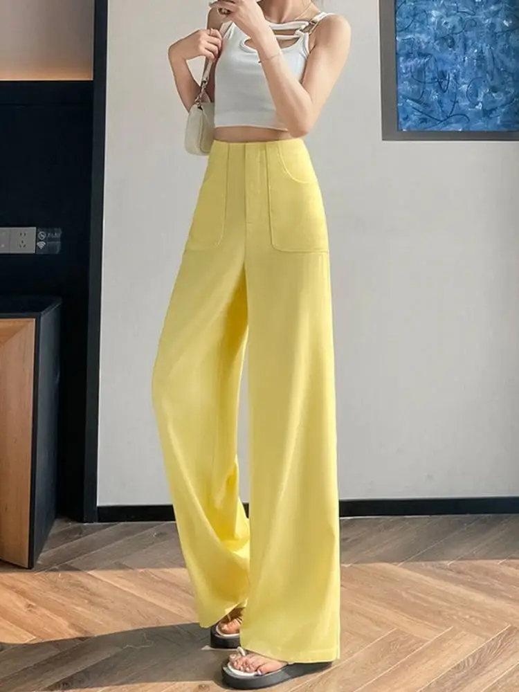 Pantaloni a gamba larga kaki Pantaloni estivi da donna sottili di piccole dimensioni in seta di ghiaccio Pantaloni a banana drappeggiati con taglio dritto Pantaloni a vita alta comodi