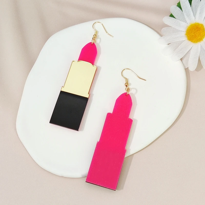 KUGUYS Lipstick Drop Dangle Earring for Women Jewelry Acrylic Hyperbole Long Pink Mirror Gold Color Fashion Dancer Accessories