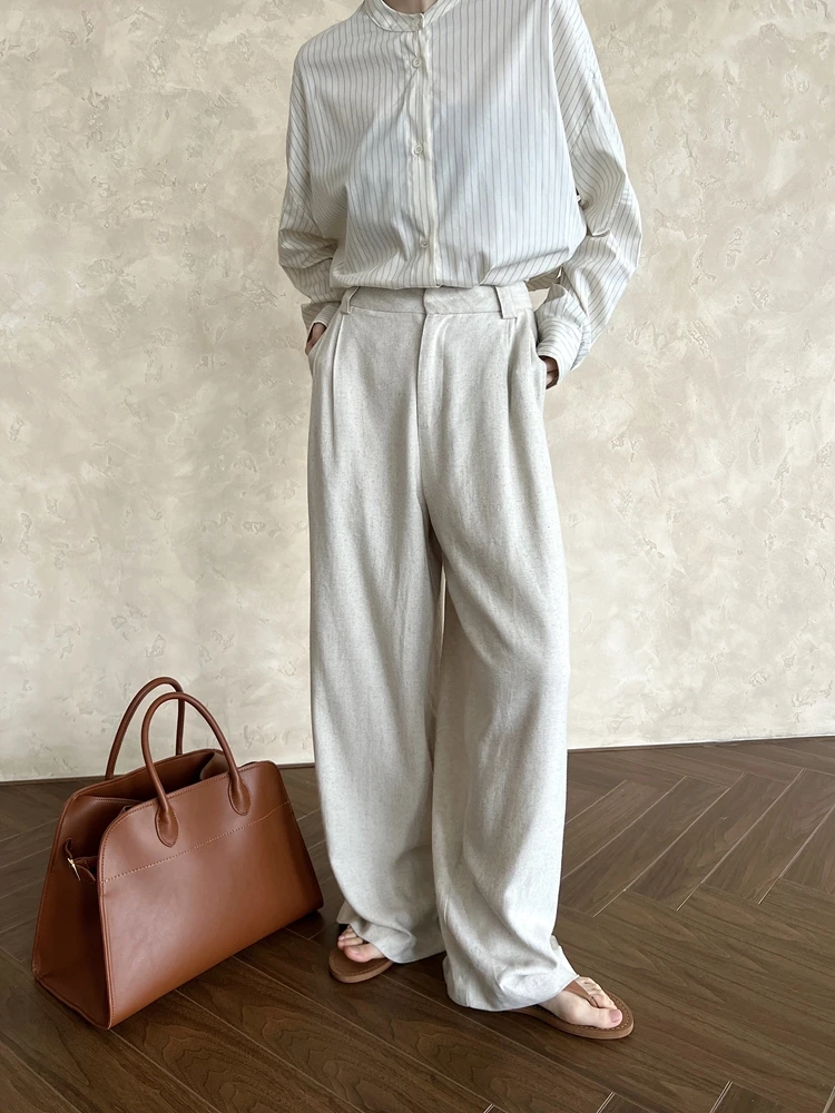 [LANMREM] Linen High Waist Suits Pants For Women Solid Straight Office Lady Trousers Vintage Clothes 2024 Summer New 26D8951