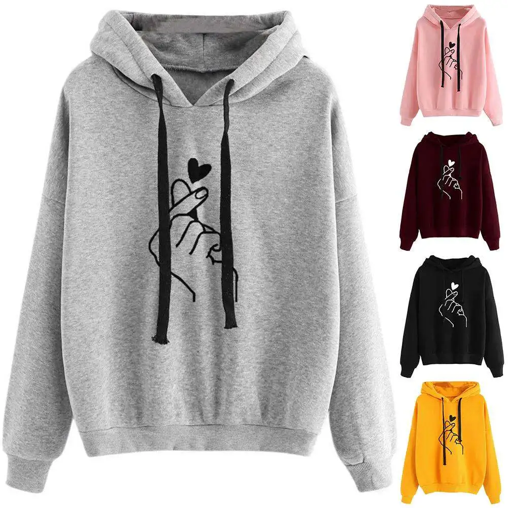 Women Drawstring Hoodie High Quality Oversize Streetwear Clothing Casual Basic Pullovers Sweatshirts Loose Top Hearts Print