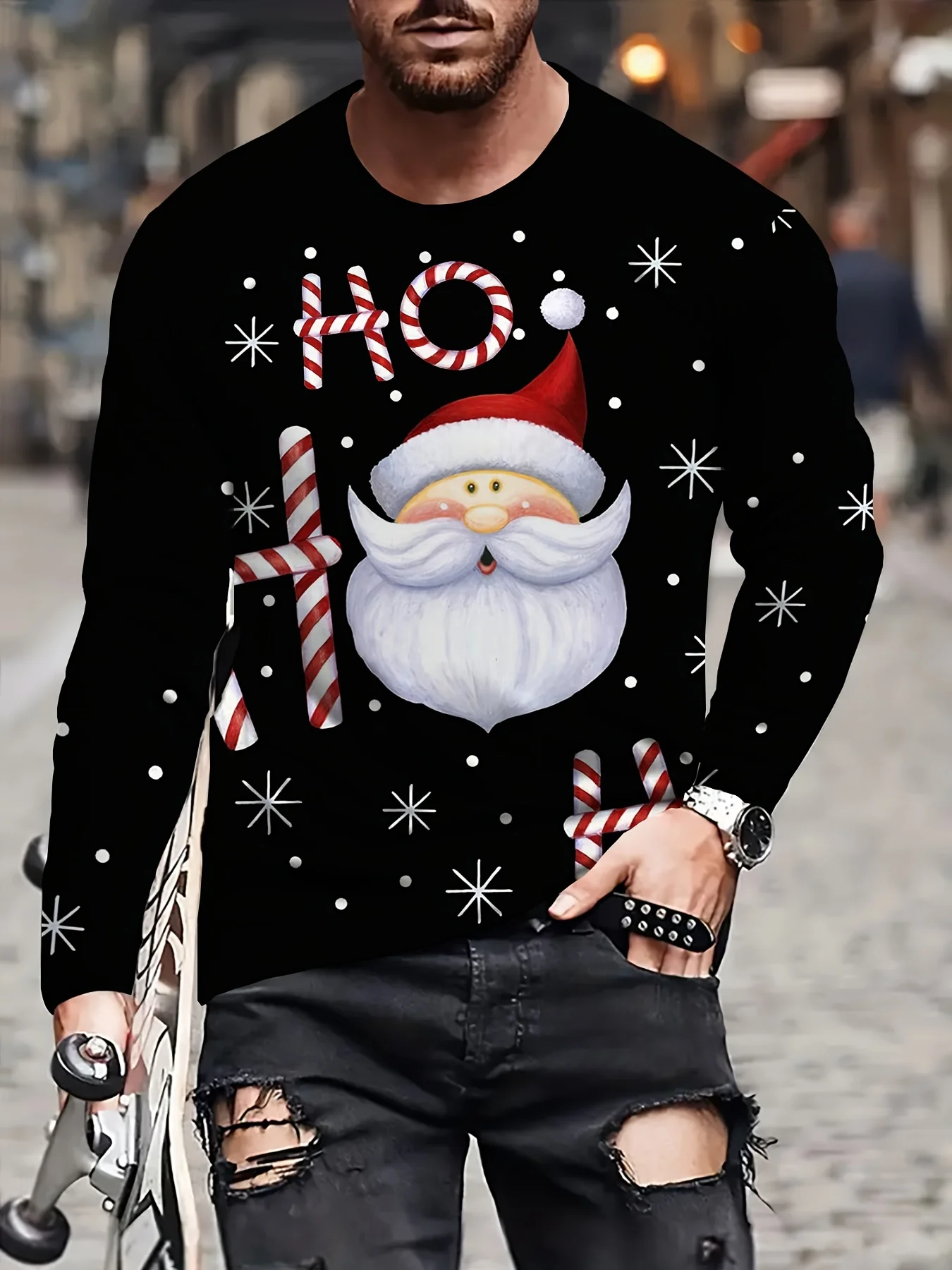 Santa Claus Print Men's T-shirt Spring Autumn Casual O-neck Loose Long Sleeve Tops Fashion New Year X'mas Clothing Christmas Tee