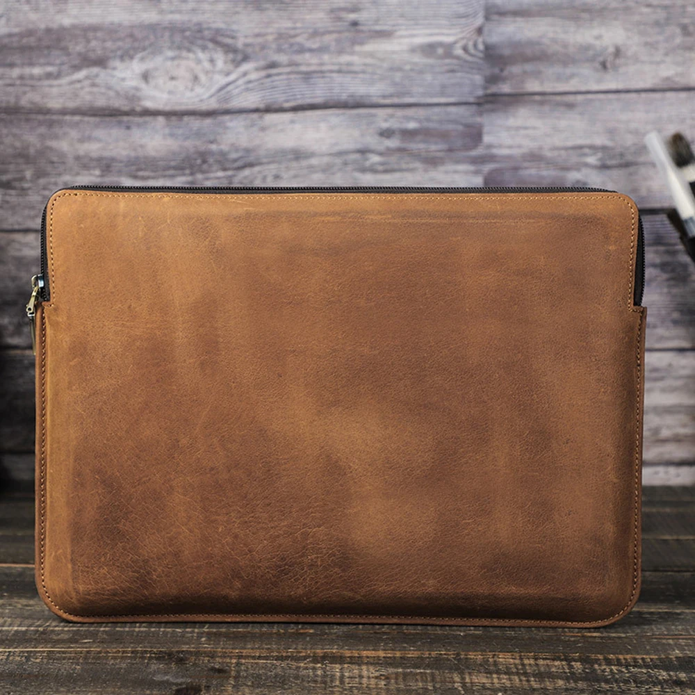Genuine Cowhide Leather Laptop Sleeve for MacBook Pro 14 Protective Carrying Case Business Notebook Cover Bag view 3