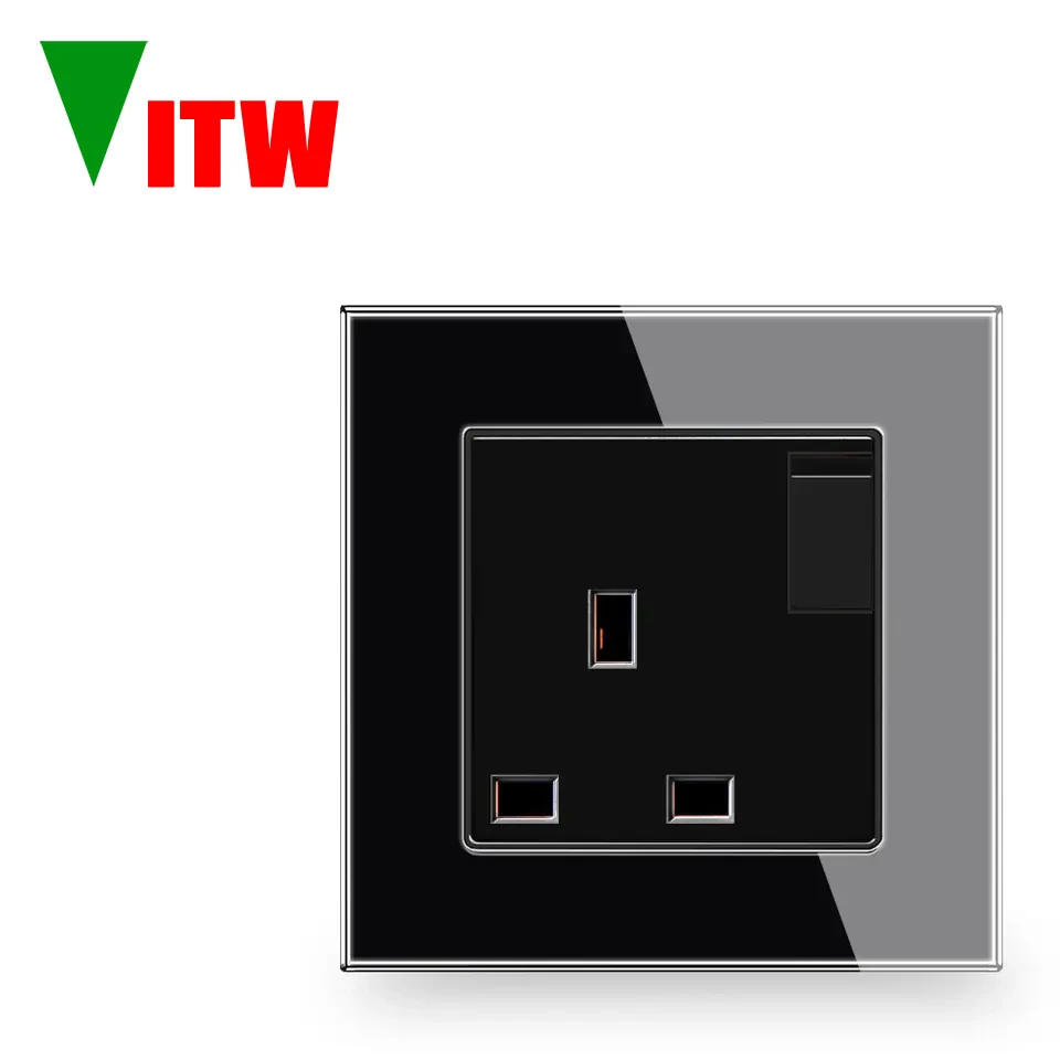 Vitw 13A UK 3-pin tempered glass panel with switch, 86*86mm, Hong Kong and Macao wall-mounted recessed 110V-250V power outlet