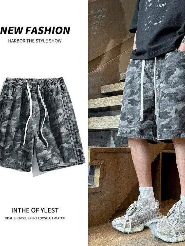 

Мужские джинсовые шорты-карго в американском ретро-стиле, летние, прямые, свободные, в уличном стиле, повседневные, из смесового хлопка