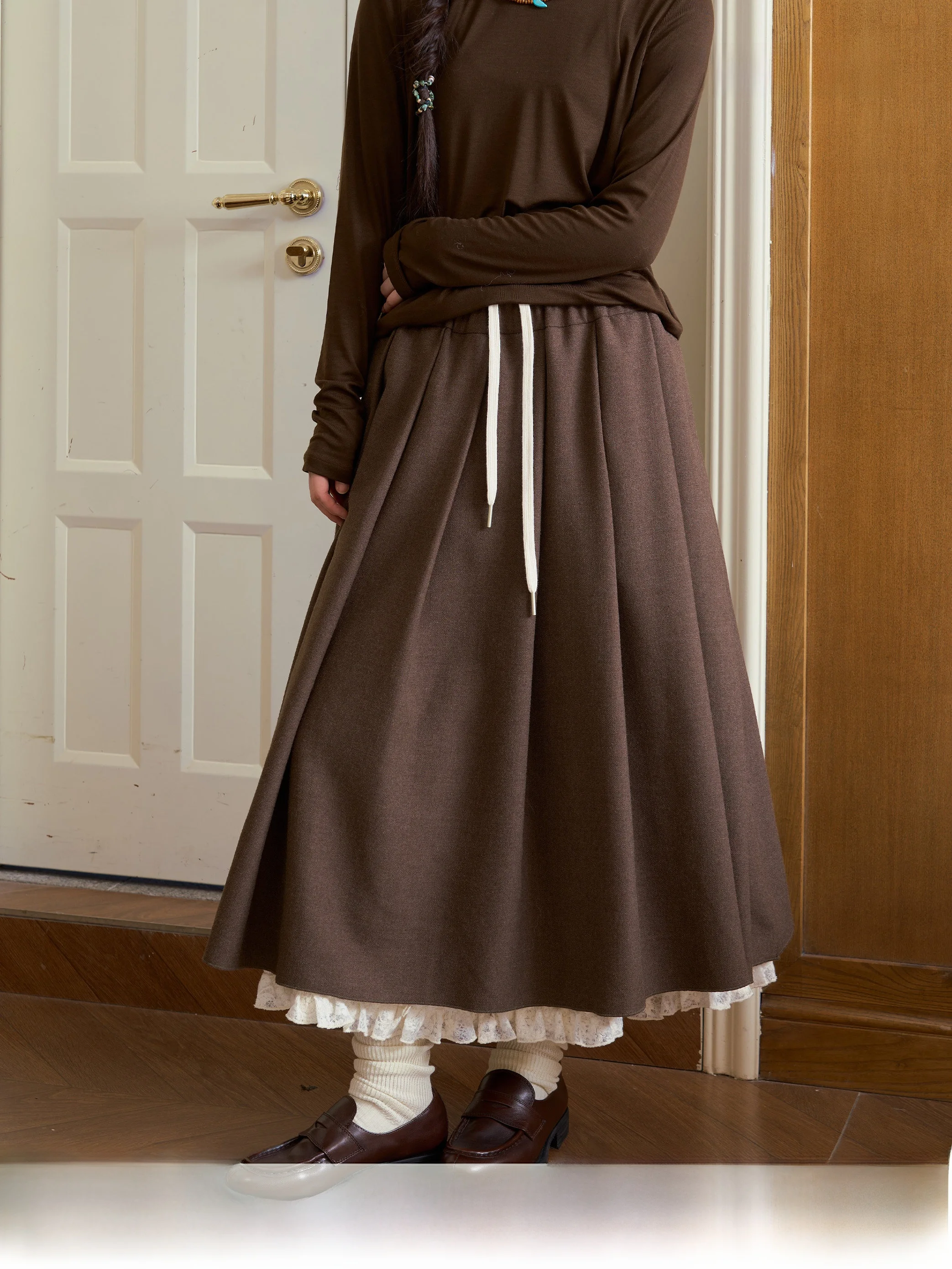 Saotome Early Girl Heavyweight Wool Plaid Gored Skirt with Wooden  Fake Two-Piece Half Skirt High Waist Pleated Skirt