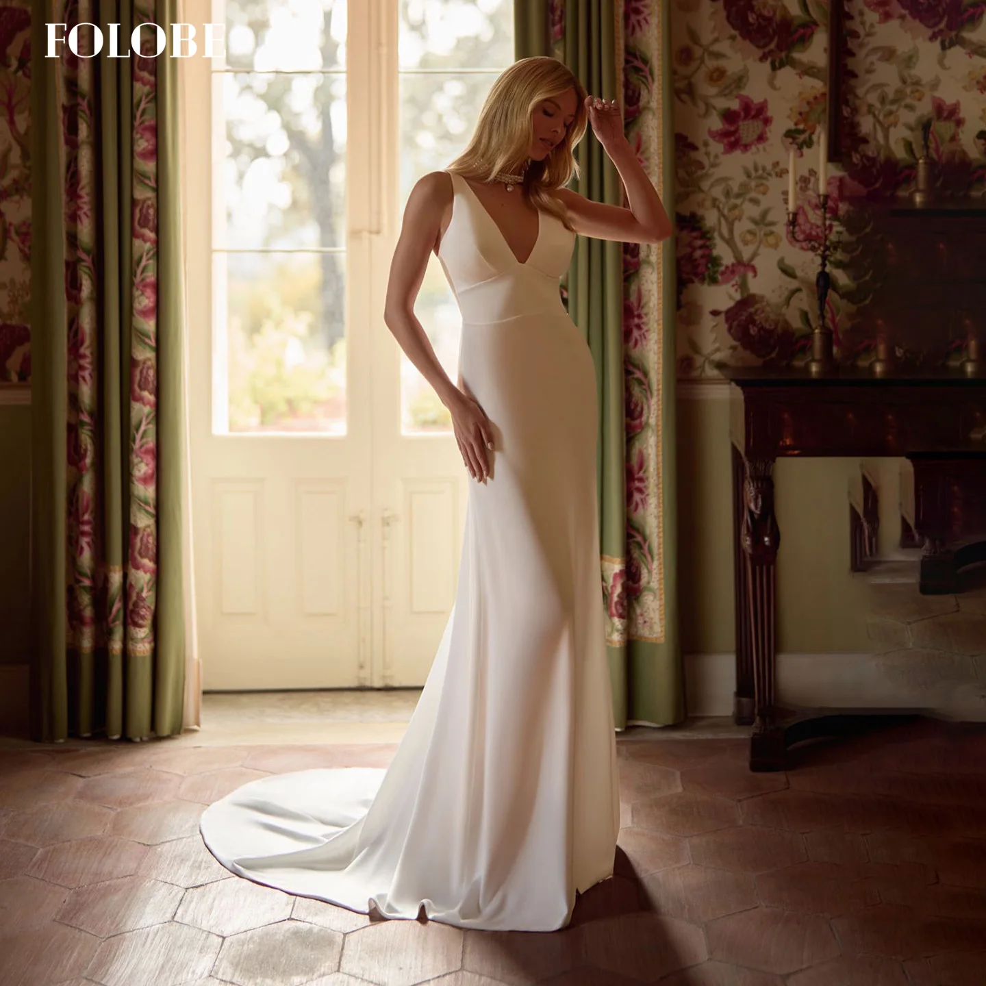 FOLOBE Vintage sirène col en v robes de mariée avec sans manches balayage Train robe de mariée vestidos de noche personnalisé
