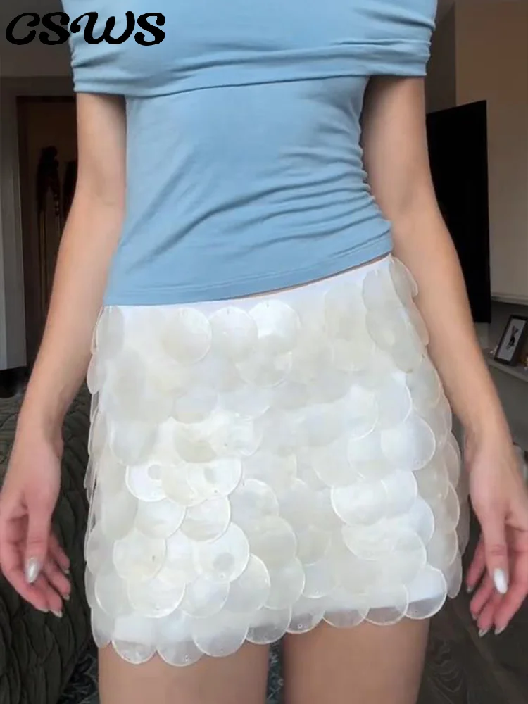 

Sexy Sequined Mini Skirt Women White High Waist Zippers Hip Package Female Skirts 2025 Summer Fashion Lady Beach Y2k Streetwear