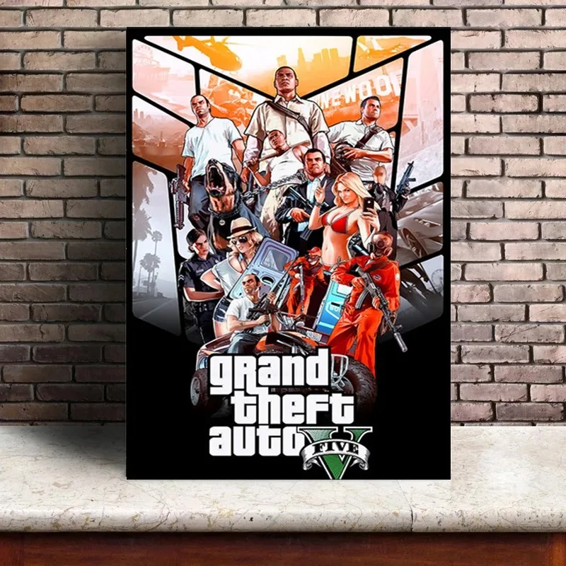 Game GTA 5 6 Grand Theft Auto Game Role Poster Anime Girl Dog Canvas Painting Wall Pictures Gaming Room Home Bar Decor