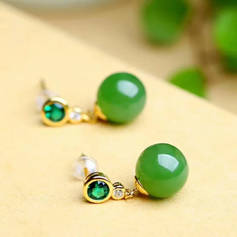 Grüne natürliche Jade Perlen Ohrringe Ohrstecker Glück Luxus Talismane Echter Schmuck Modeaccessoires Vintage Designer