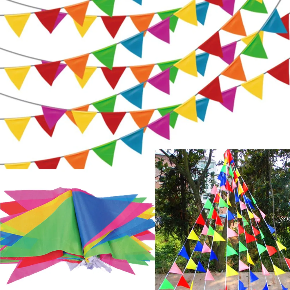 100M Multicolored Bunting Banner Triangle Flags Nylon Fabric Pennant Festival Outdoor Party Decor