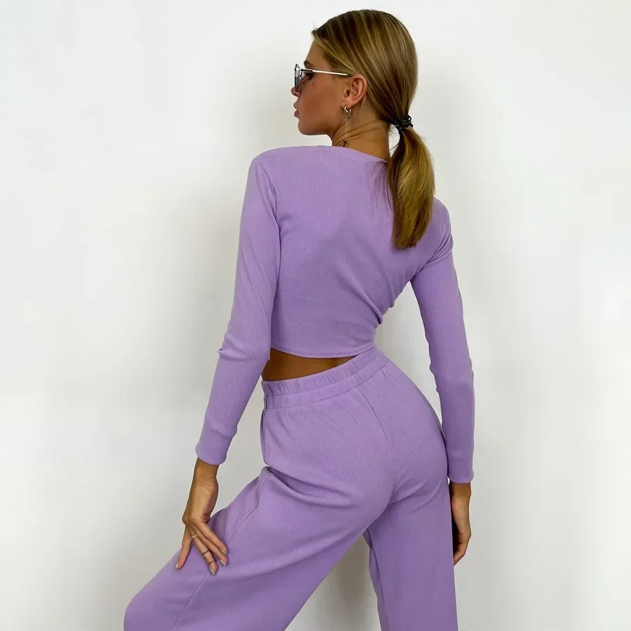 2025 Women's Spring Autumn Trouser Sets Lady's Slim O-neck Long Sleeve Tops + Elastic-waisted Wide-leg Pants Women Trousers Sets