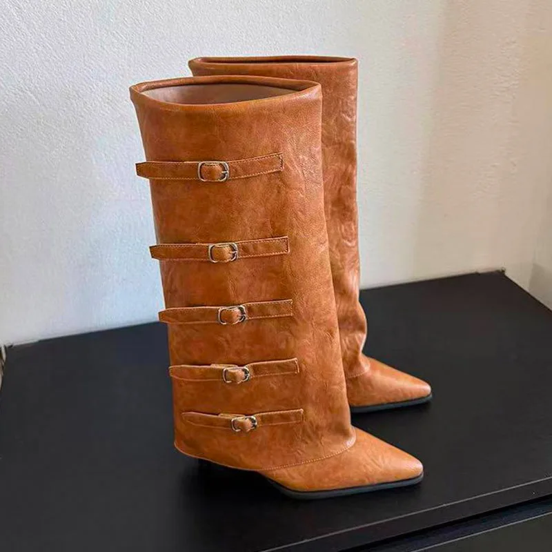 

Women Knee High Long Boots Pointed Toe Designer Shoes High Heels Shoes 2025 Winter Luxury Bucke Chelsea Boots Sexy Pumps Mujer