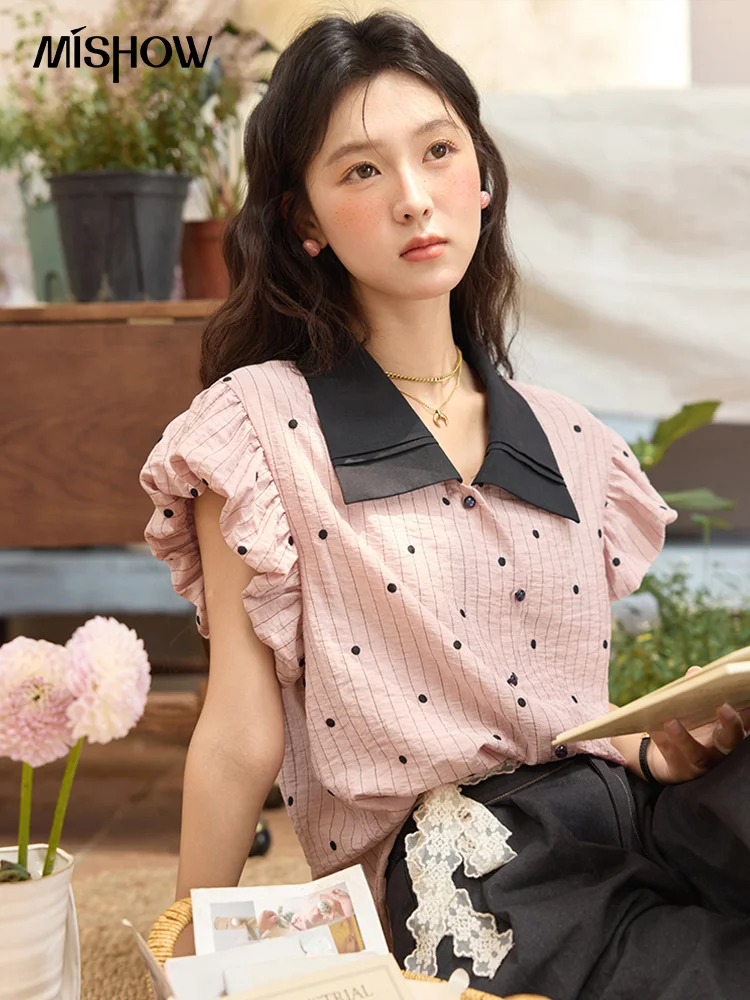 MISHOW Blus Wanita Kantor Musim Panas Wanita 2025 Kemeja Polka Dot Kerah Lipat Lengan Pendek Atasan Ramping Fashion Wanita MXE31C0776