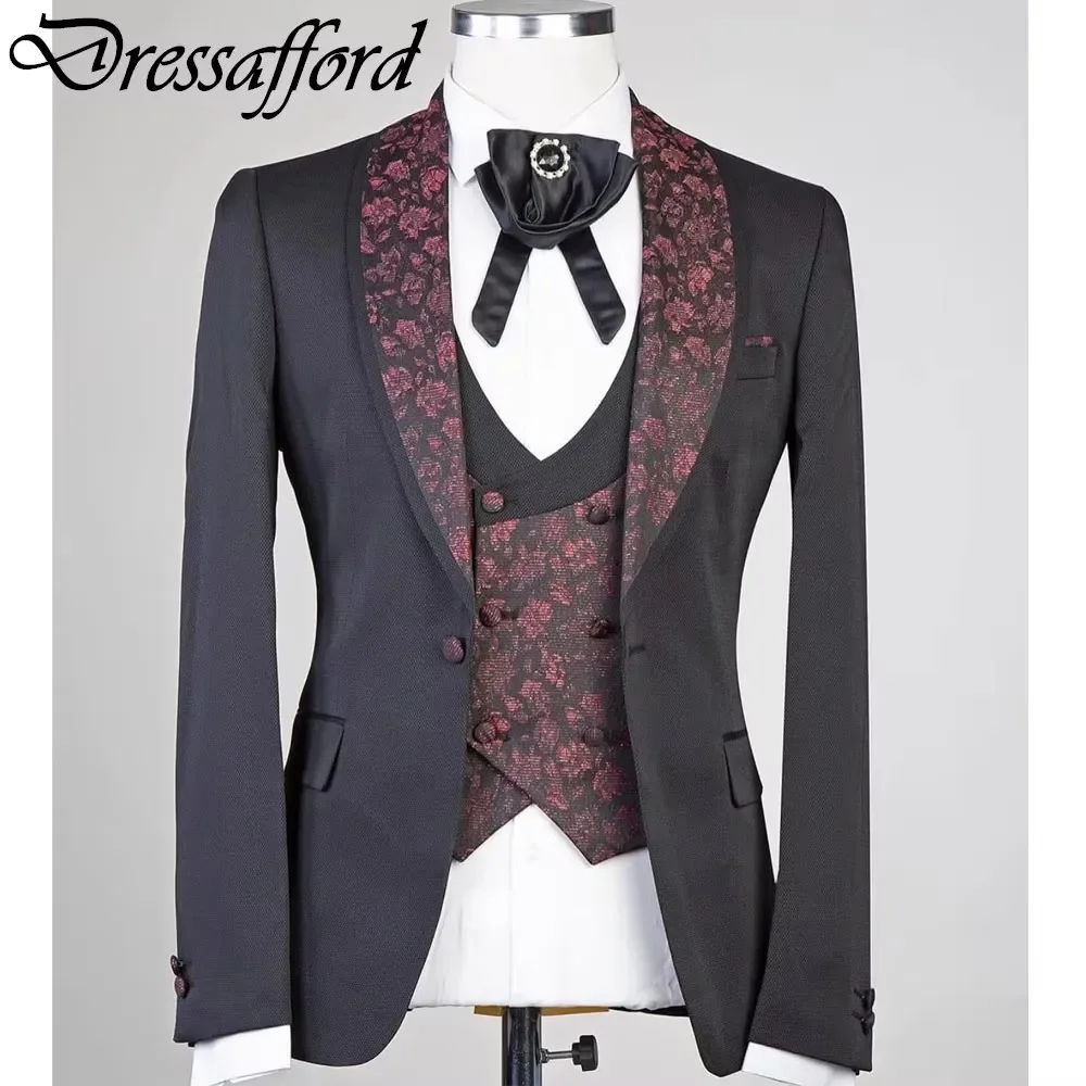 Gray Elegant Floral Print Men Suits Formal Party Blazer Three Pieces Groom Wear ( Jacket + Vest + Pants )