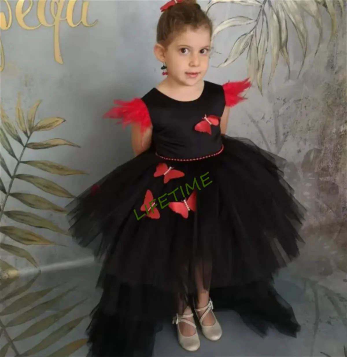 CustomizedRed and Black Baby Girls Gown with Butterflies Toddler Frock Flower Girl Dress Long Tail Kid Birthday Party Gown