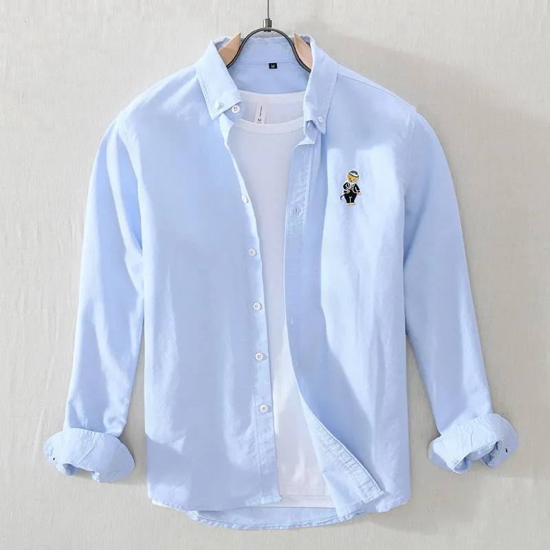 High Quality 100% Cotton Japanese Solid Color Casual Long Sleeved Shirt  Little Bear Embroidery Fit Shirt Jacket GZ10