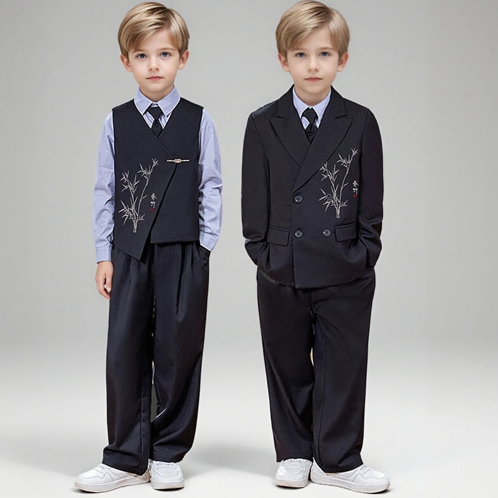 

Boys Chinese Style Suit Set spring Autumn Black Elegance Embroidered Wedding Tuxedo school teen Kids Host Performance Costume