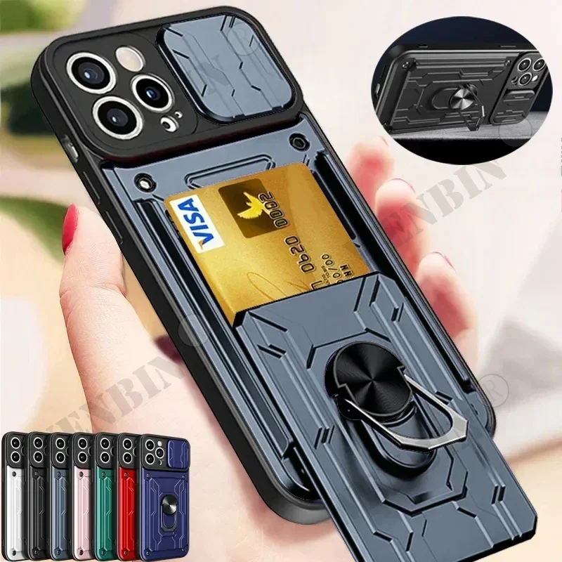 Case For iPhone 16 15 14 13 Pro Max XR X 8 7 Plus SE 2022 Slide Stand Ring 360 Magnetic Camera Military Grade Card Slot Cover