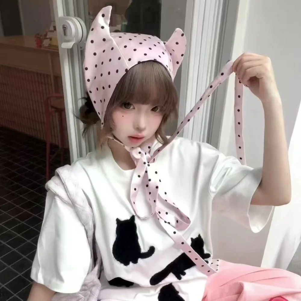 ファッションY2Kリトルデーモンヘアースカーフソフトラップヒップホップヘアバンド耳付きヘッドバンドパンクポルカドットヘッドスカーフストリートウェア