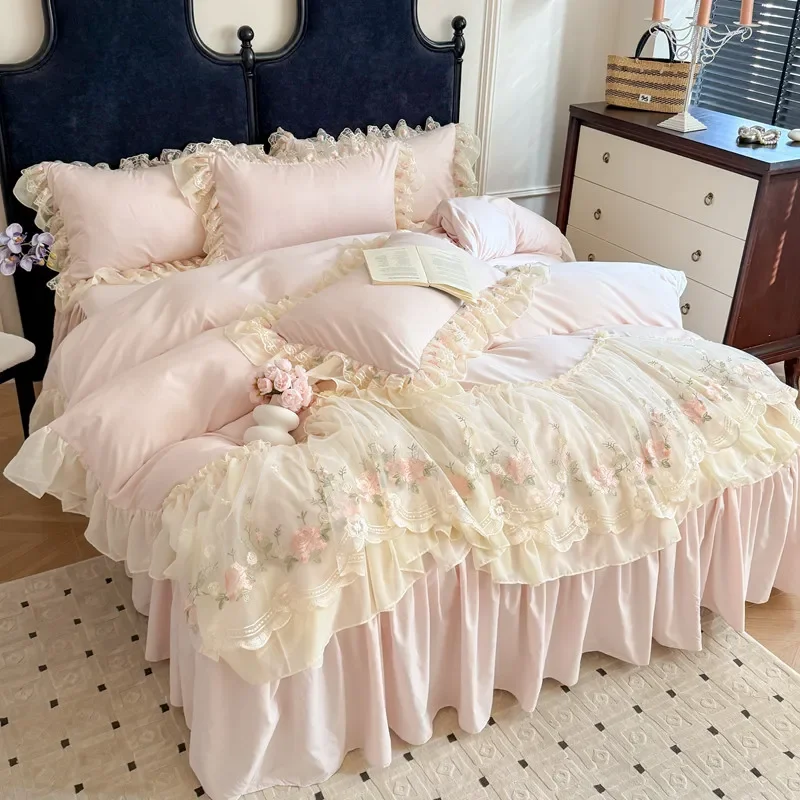 Korean princess style pure cotton bed skirt four-piece girl heart lace quilt cover bed sheet mattress model