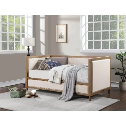 

# Upholstered Foldable 1pc Day Bed Light Oak Bed Frame Trim Bedroom Furniture Mattress Living Room Hotel