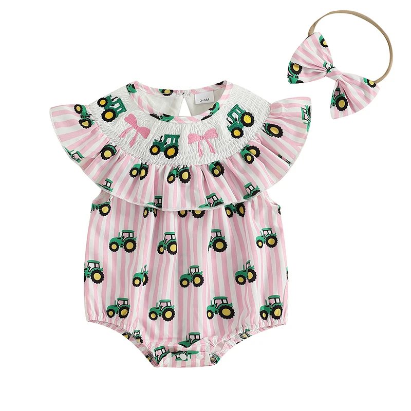 

Baby Girls Rompers Bow Tractor Print Ruffles Fly Sleeve Infant Bodysuits Jumpsuits with Headband