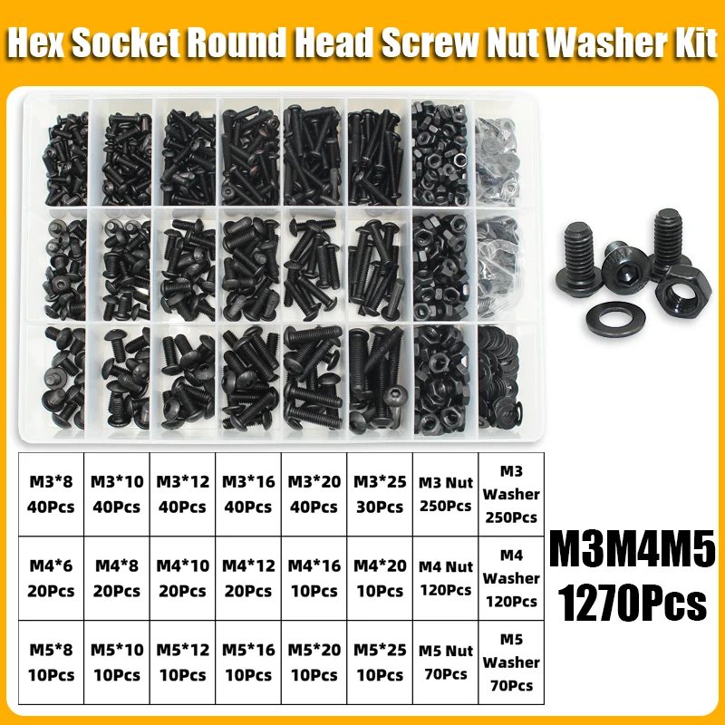 2510-teiliges Rundkopfschrauben-Set M2 M2.5 M3 M4 M5 M6 10.9 Güteklasse Schwarz Innensechskant-Knopfkopfschrauben mit Allen-Antrieb, Schrauben, Muttern und Unterlegscheiben – Detail 9