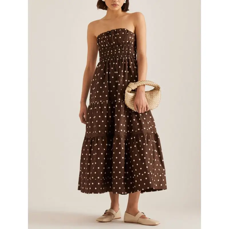 Combhasaki Vestido largo sin tirantes con estampado de puntos/color sólido con cordón frontal ahumado sin espalda y corte en A fluido con bolsillos