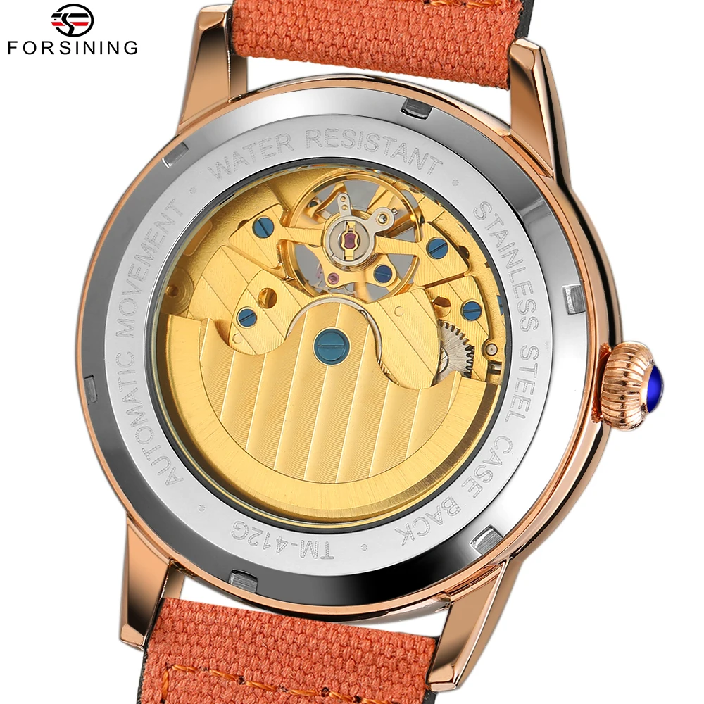 Forsining Men's Luxury Tourbillon Moon Phase Automatic Mechanical Movement Watch Carved Rhinestone Linen Fabric Strap Wristwatch