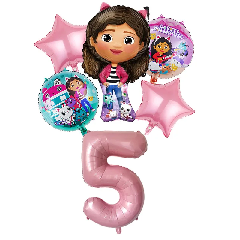 6pcs Gabby Dollhouse Pink Purple Number Balloon 1 2 3 4 5 st Girl Birthday Party Decoration Baby Shower Supplies Kids Toy Globos