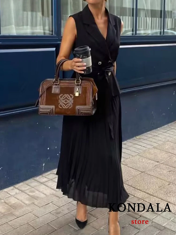 KONDALA Chic Vintaeg Solid Black Office Women Dress Fashion 2023 Autumn False Two Double Button Vest Blazer Long Pleated Vestido