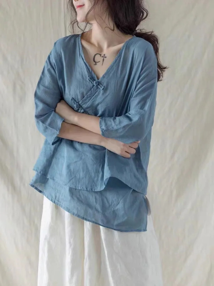 

n Sle Thin Cotton Linen Tea irt Women's Large Size V-Ne Asymmetrical Sve Seven-Quarter Length Top