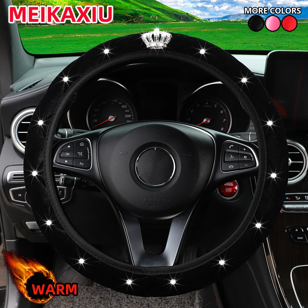 Diamond-Encrusted Velvet Steering Wheel Cover Winter Short Fur Blingbling Luxury Crown  No Inner Ring Included