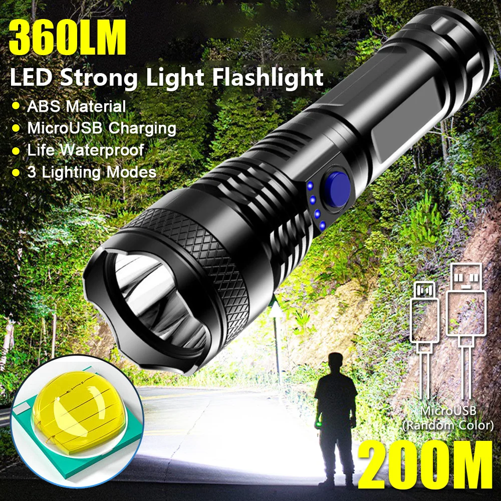 

Powerful LED Flashlight 360 Lumen Tactical USB Rechargeable 3 Modes 500mAh 200M Lantern Outdoor Waterproof Fishing Hunting Torch