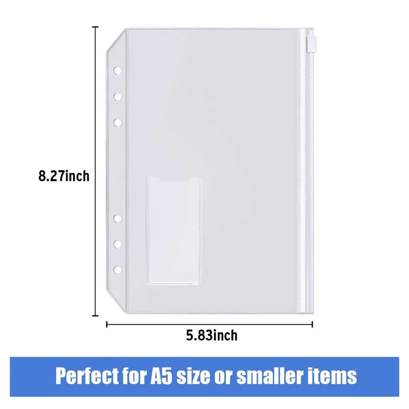 15Pcs A5 Binder Pockets 6-Hole Punched Zipper Binder Pocket With Plastic Zipper Label Pocket For 6-Ring Notebook Binder