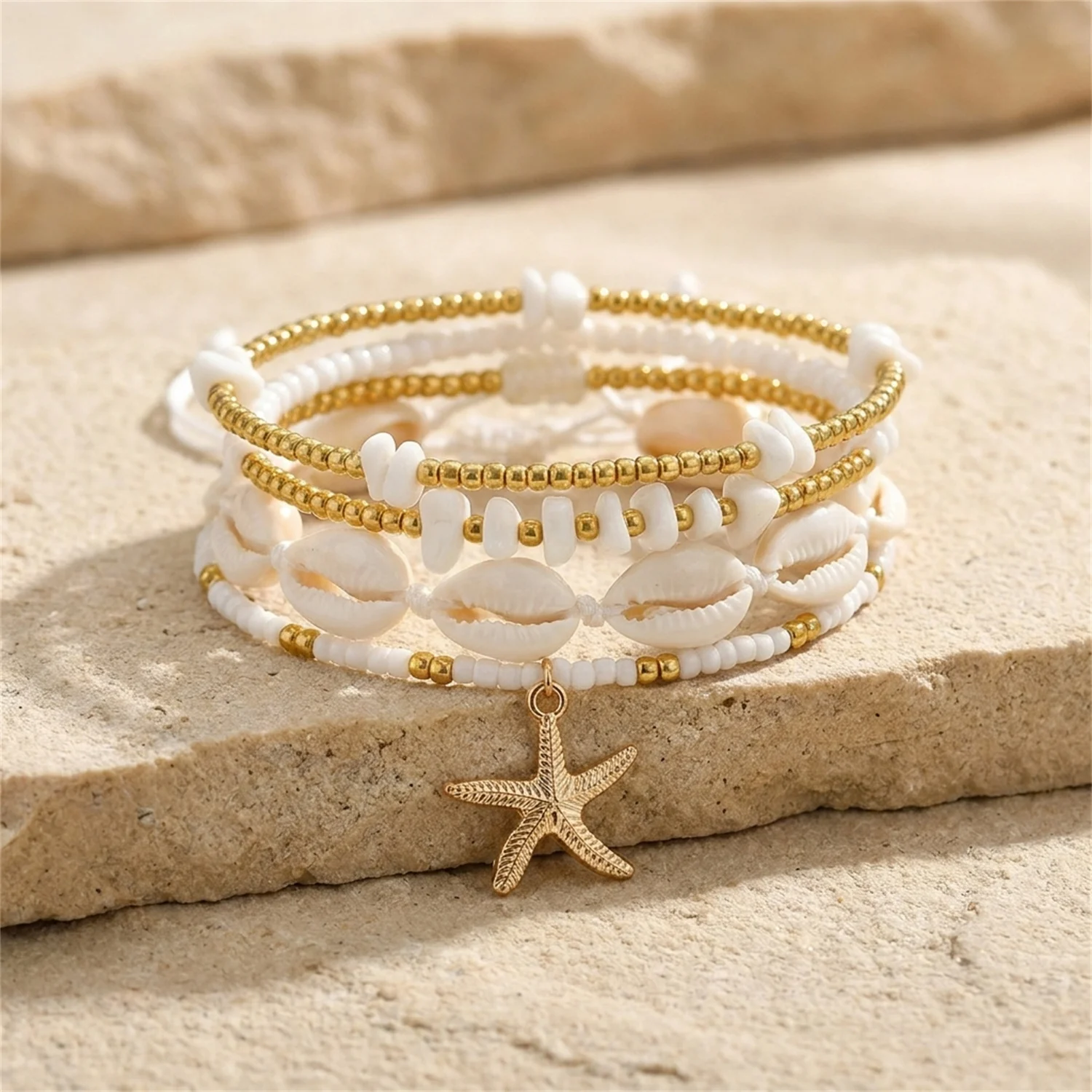 Böhmisches Resort-Stil Muschel-Perlen-Armband für Frauen, Muschel-Seestern-Kies-Armband-Set, Handgefertigter Charm-Schmuck als Geschenk – Detail 4