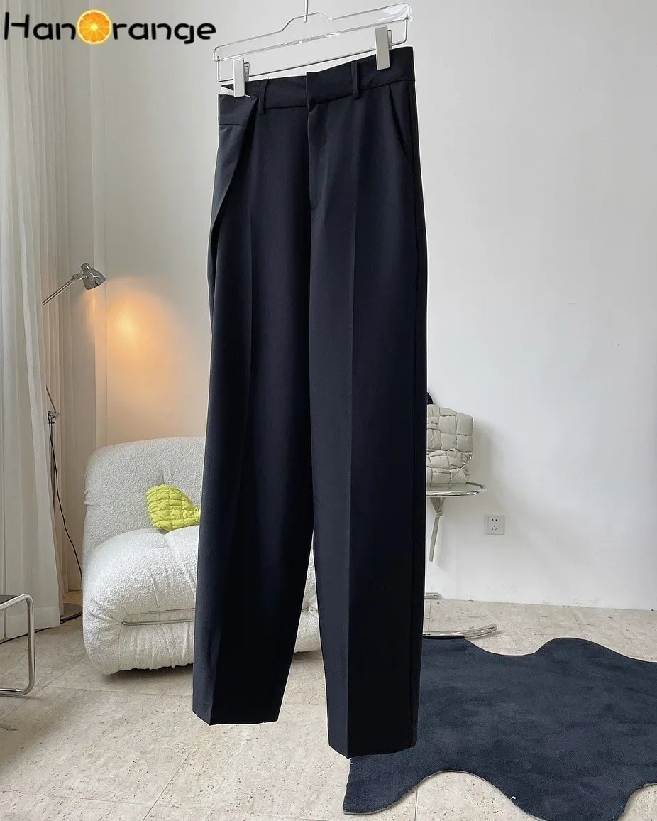 HanOrange Folded Waist Straight Pants Women Spring Autumn Designer Style Loose Female Trousers Black